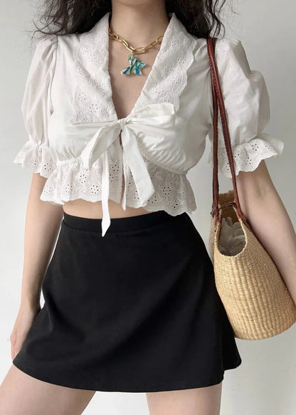 New White Embroidered Lace Up Hollow Out Cotton Shirt Summer