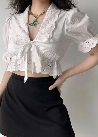 New White Embroidered Lace Up Hollow Out Cotton Shirt Summer