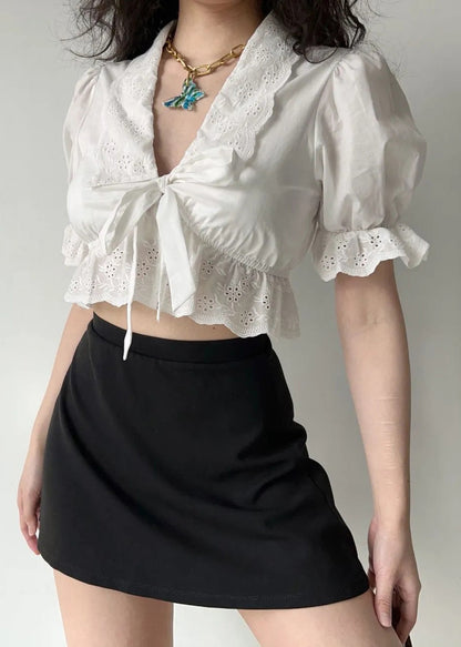 New White Embroidered Lace Up Hollow Out Cotton Shirt Summer