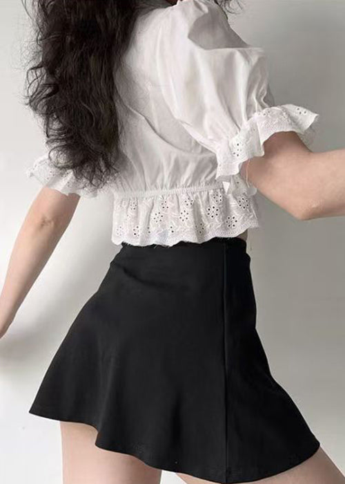 New White Embroidered Lace Up Hollow Out Cotton Shirt Summer