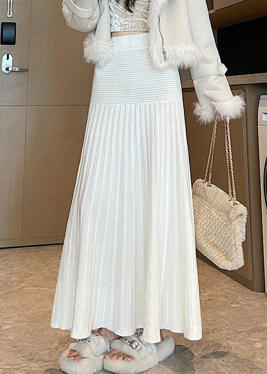 New White High Waist Solid Knit Pleated Skirt