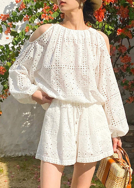 New White Hollow Out Tops And Shorts Cotton Two Pieces Set Summer