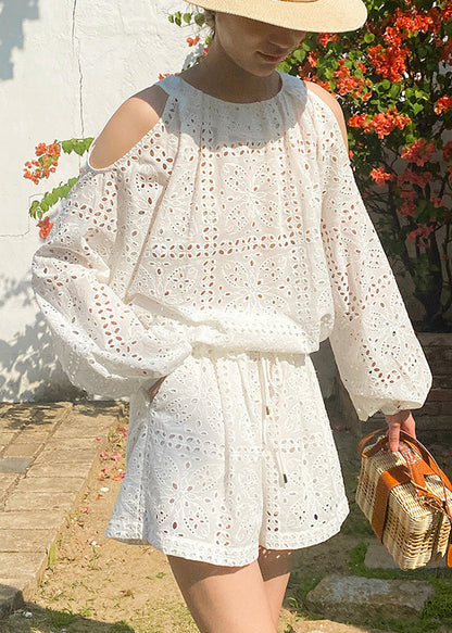 New White Hollow Out Tops And Shorts Cotton Two Pieces Set Summer