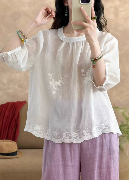 New White O-Neck Embroidered Linen T Shirt Tops Summer