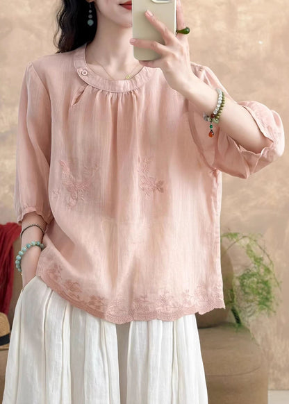 New White O-Neck Embroidered Linen T Shirt Tops Summer