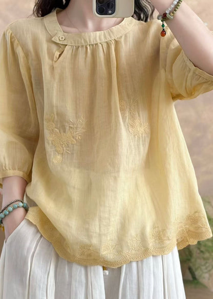 New White O-Neck Embroidered Linen T Shirt Tops Summer