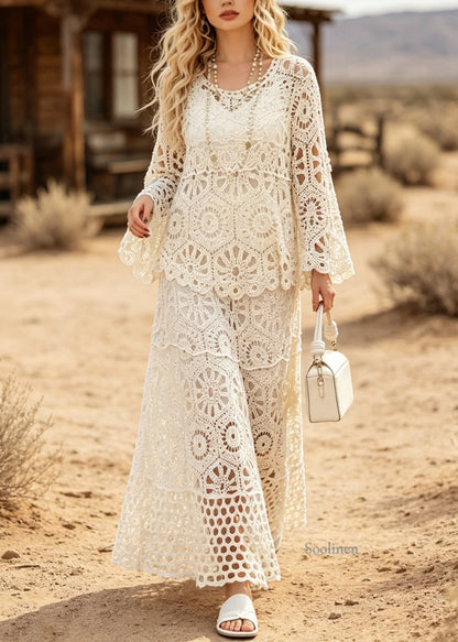 New White O Neck Hollow Out Patchwork Lace Women Sets 2 Pieces Summer