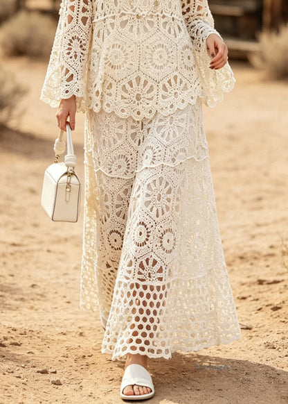 New White O Neck Hollow Out Patchwork Lace Women Sets 2 Pieces Summer