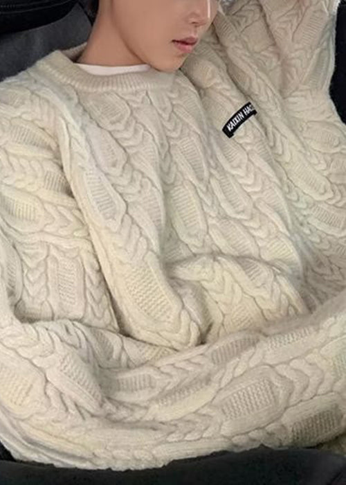 New White O-Neck Thick Cable Knit Men Sweater Tops Winter