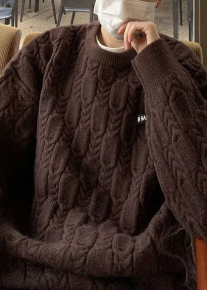 New White O-Neck Thick Cable Knit Men Sweater Tops Winter