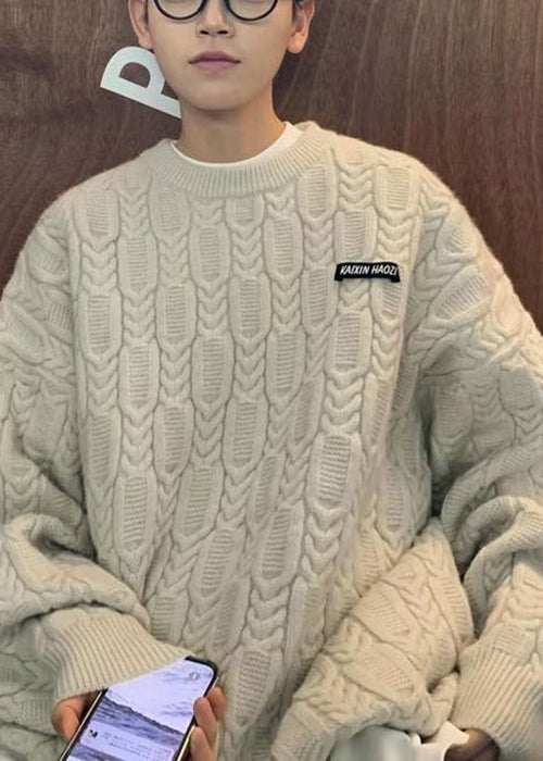 New White O-Neck Thick Cable Knit Men Sweater Tops Winter