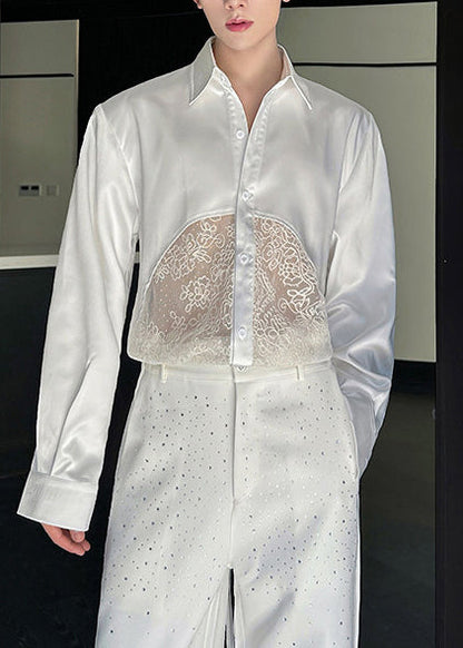 New White Oversized Patchwork Lace Satin Men Apparel Summer