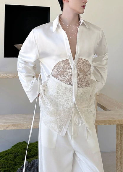 New White Oversized Patchwork Lace Satin Men Apparel Summer