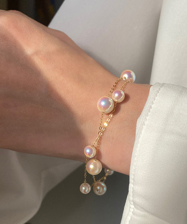 New White Pearl Double Layer 14K Gold Wrapped Bracelet