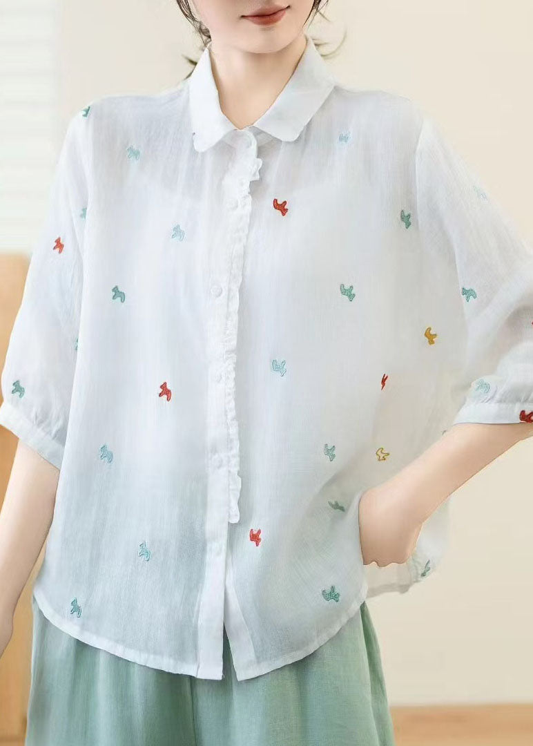 New White Peter Pan Collar Embroidered Linen Shirt Tops Summer