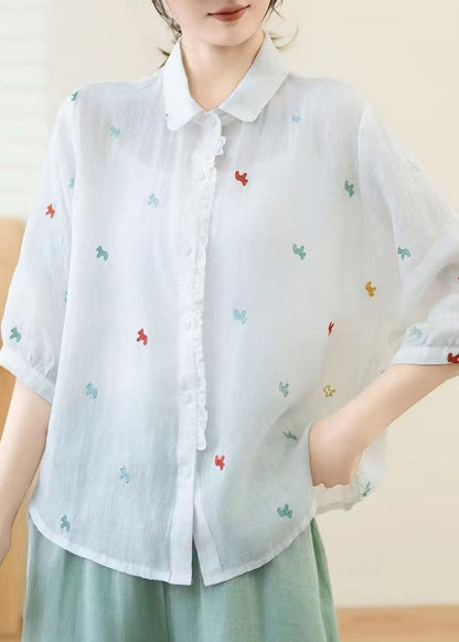 New White Peter Pan Collar Embroidered Linen Shirt Tops Summer