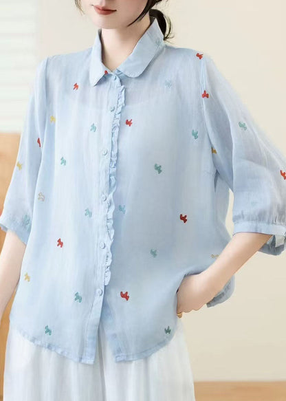 New White Peter Pan Collar Embroidered Linen Shirt Tops Summer