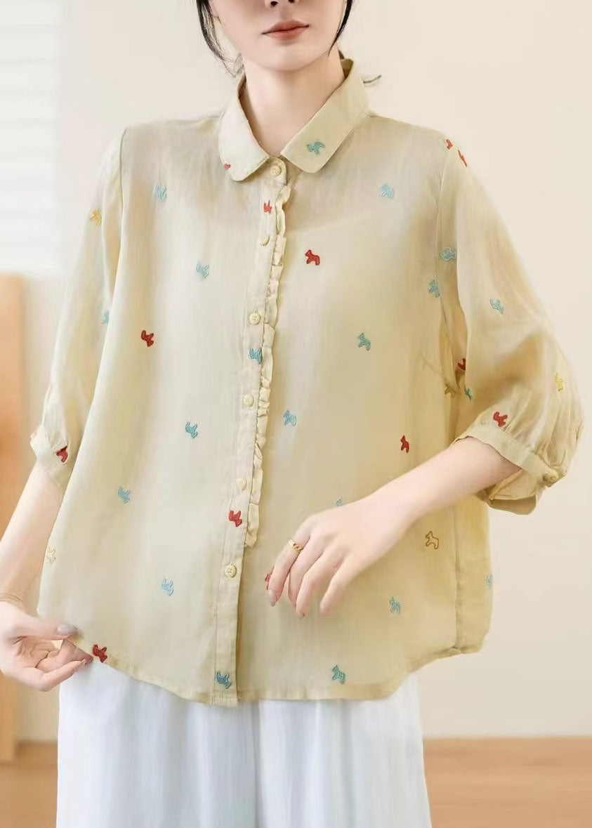 New White Peter Pan Collar Embroidered Linen Shirt Tops Summer
