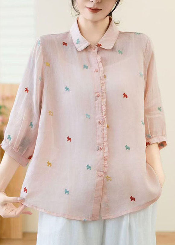 New White Peter Pan Collar Embroidered Linen Shirt Tops Summer