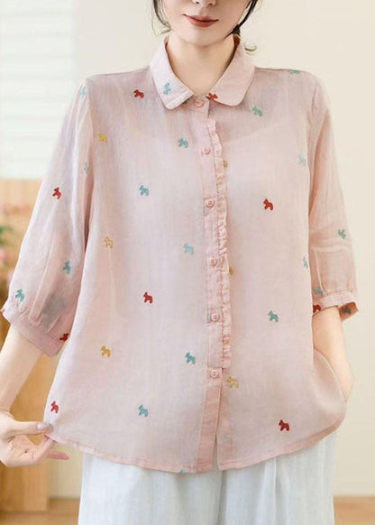 New White Peter Pan Collar Embroidered Linen Shirt Tops Summer