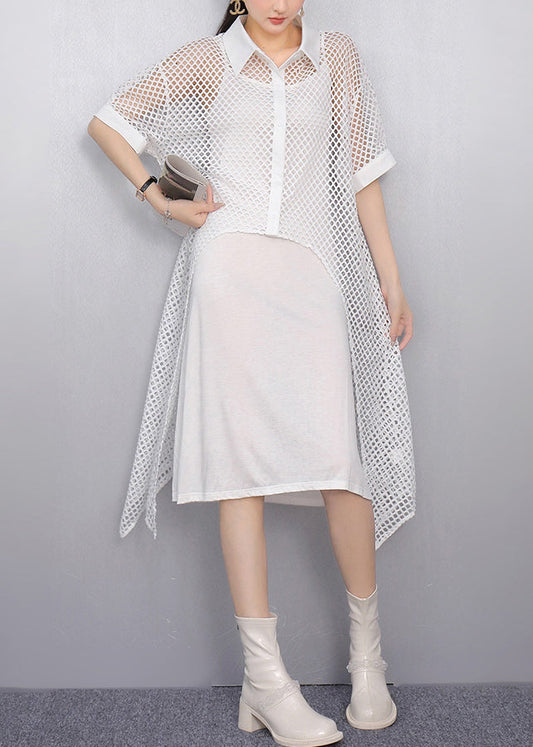 New White Peter Pan Collar Hollow Out Long Tops Summer