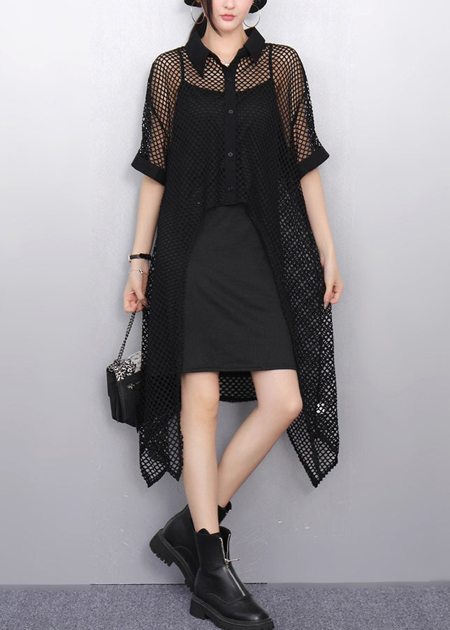 New White Peter Pan Collar Hollow Out Long Tops Summer