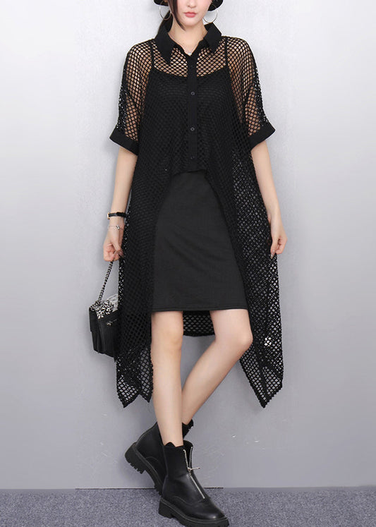 New White Peter Pan Collar Hollow Out Long Tops Summer