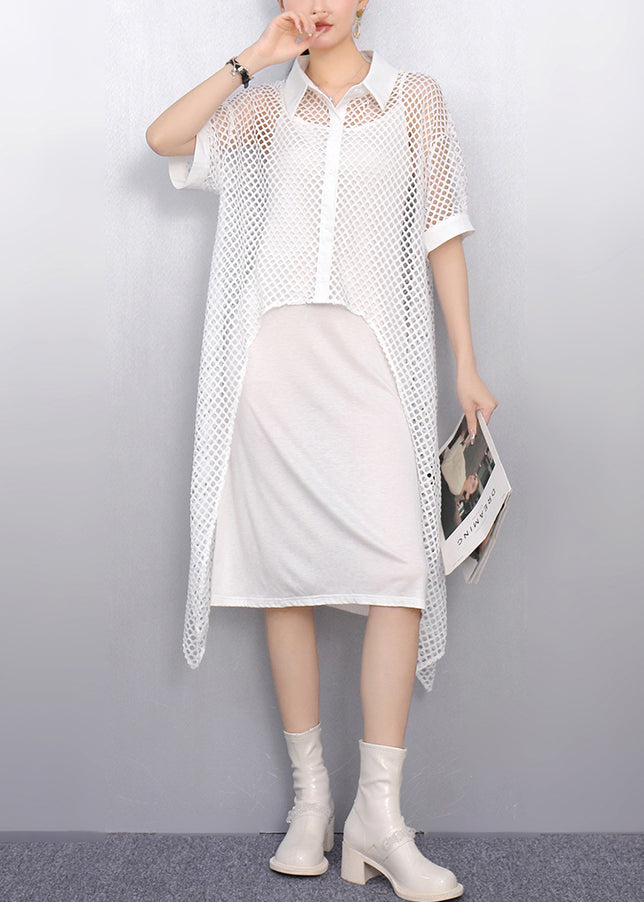 New White Peter Pan Collar Hollow Out Long Tops Summer