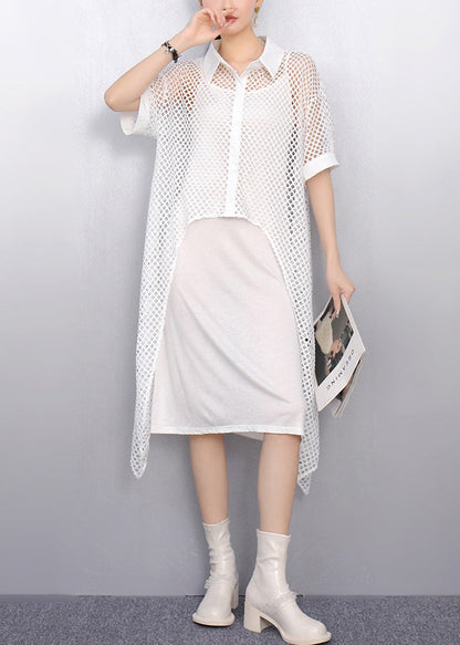 New White Peter Pan Collar Hollow Out Long Tops Summer