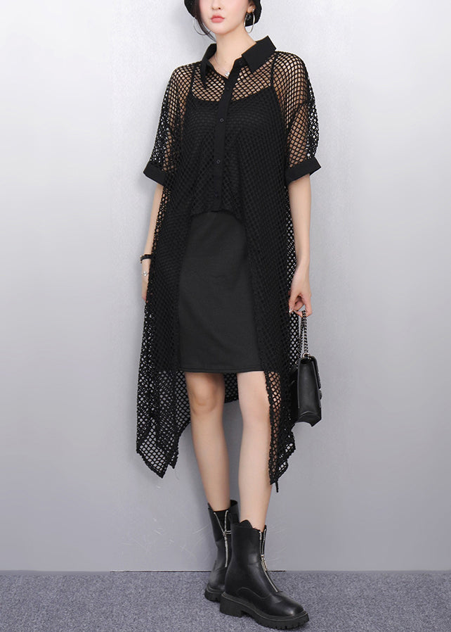 New White Peter Pan Collar Hollow Out Long Tops Summer