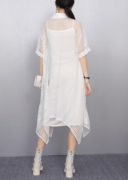 New White Peter Pan Collar Hollow Out Long Tops Summer