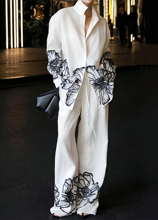New White Peter Pan Collar Print Linen Two Piece Set Fall