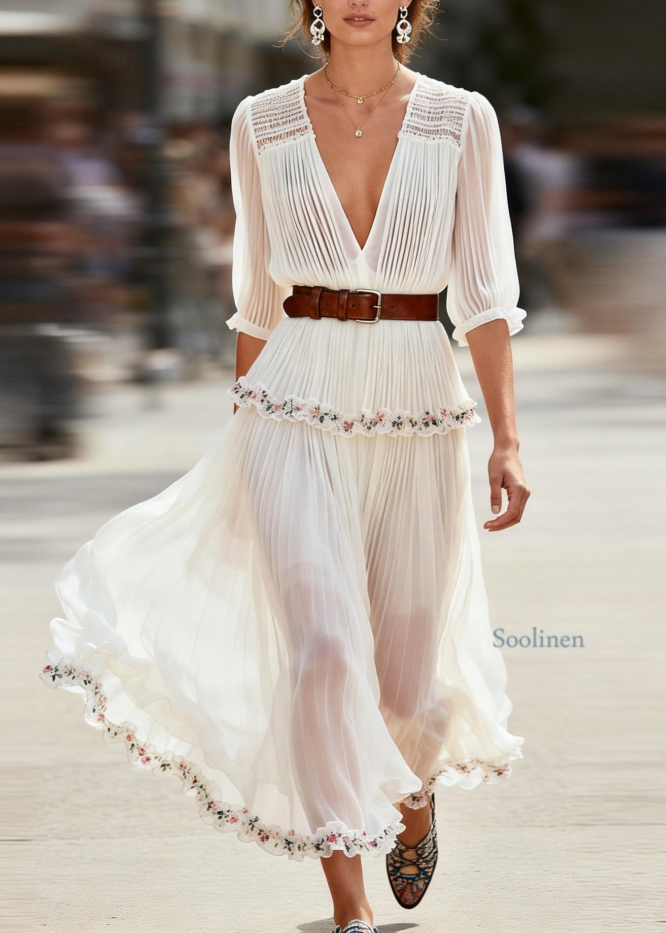 New White Ruffled Floral Patchwork Chiffon Maxi Dress Summer