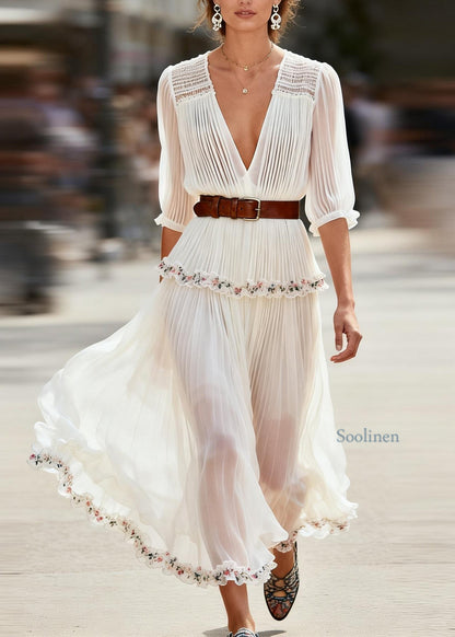New White Ruffled Floral Patchwork Chiffon Maxi Dress Summer