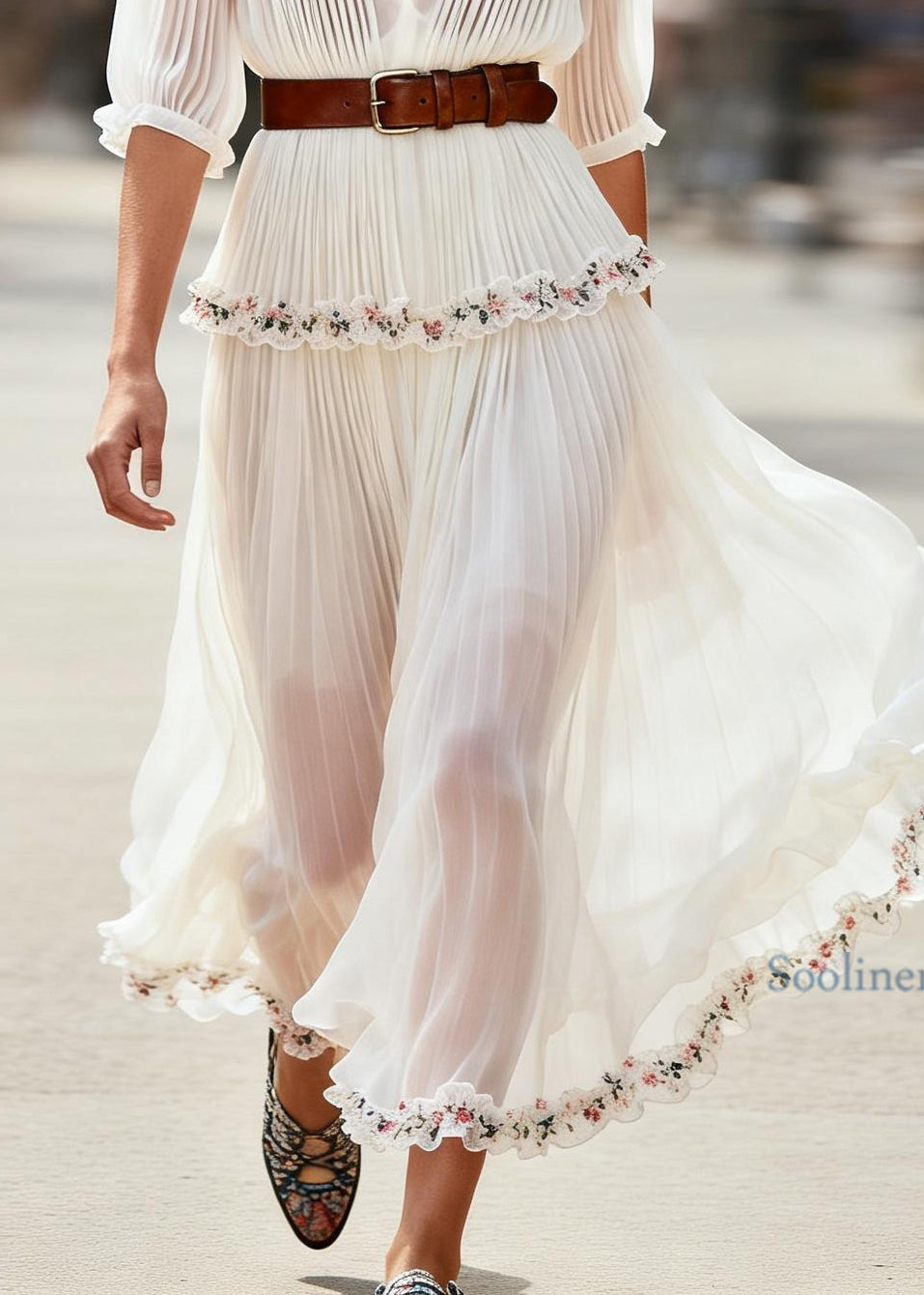 New White Ruffled Floral Patchwork Chiffon Maxi Dress Summer