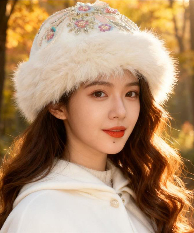 New White Sequins Nail Bead Fuzzy Fur Fluffy Bucket Hat