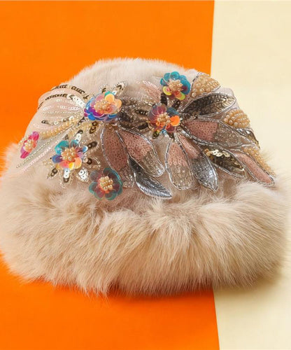 New White Sequins Nail Bead Fuzzy Fur Fluffy Bucket Hat