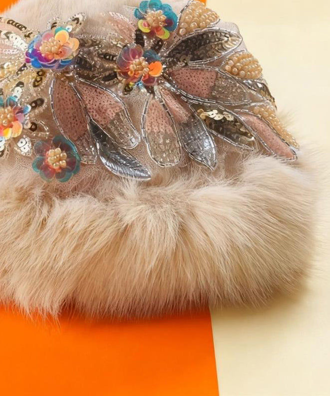 New White Sequins Nail Bead Fuzzy Fur Fluffy Bucket Hat