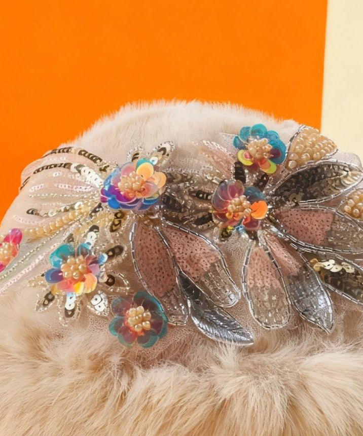 New White Sequins Nail Bead Fuzzy Fur Fluffy Bucket Hat