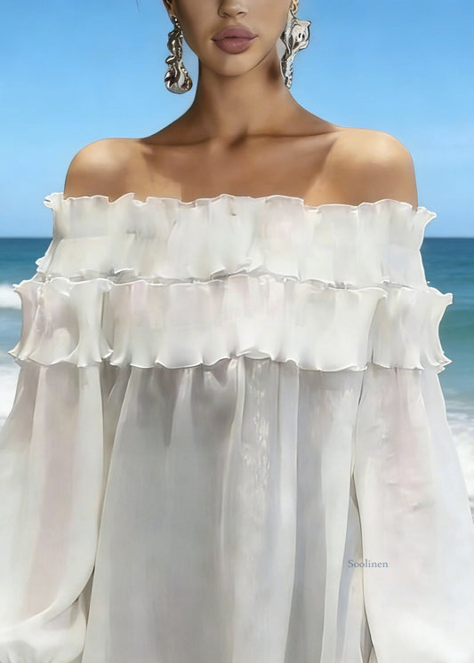 New White Slash Neck Ruffled Solid Chiffon Shirts Spring