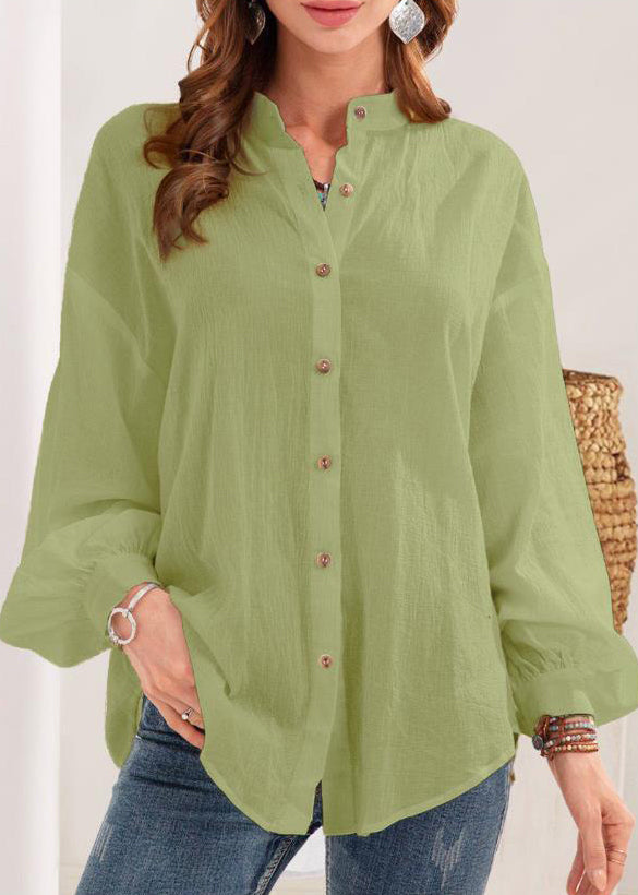 Neu Weiß Stehkragen Taste Baumwolle Blusen Langarm