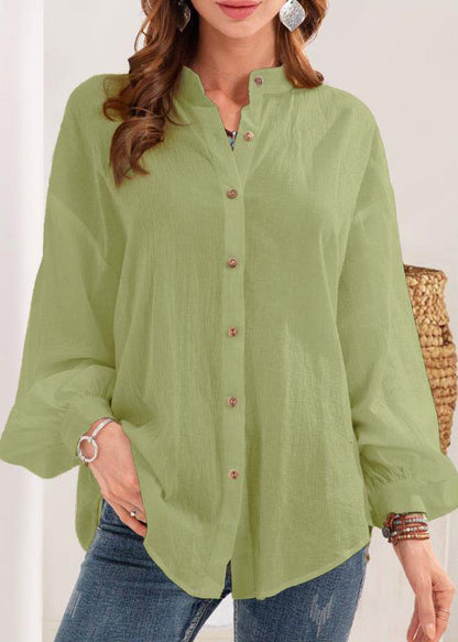 Neu Weiß Stehkragen Taste Baumwolle Blusen Langarm