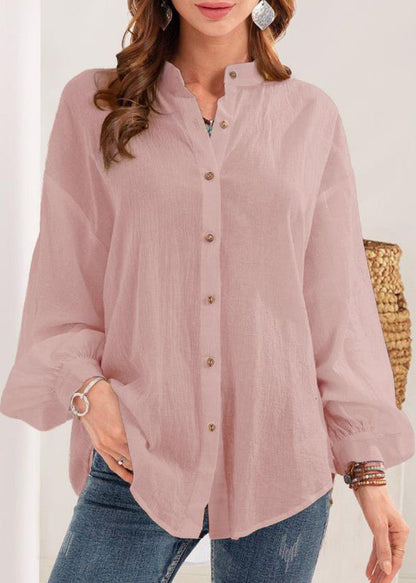 Neu Weiß Stehkragen Taste Baumwolle Blusen Langarm