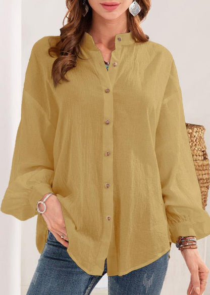 Neu Weiß Stehkragen Taste Baumwolle Blusen Langarm