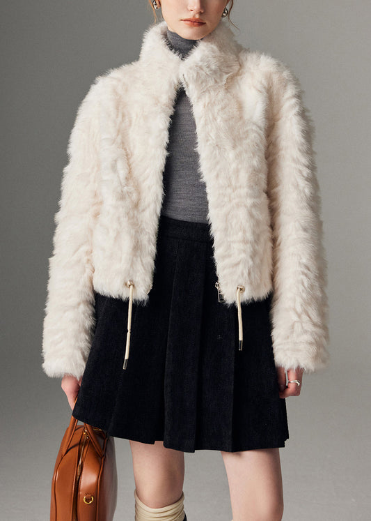 Nuevos abrigos de piel con cuello alto blanco, cremallera y cintura ceñida para invierno