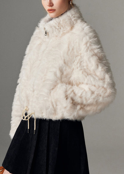 Nuevos abrigos de piel con cuello alto blanco, cremallera y cintura ceñida para invierno