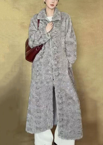 Nuevo abrigo largo de invierno de piel afelpada con cuello alto blanco y cremallera en ambos lados.