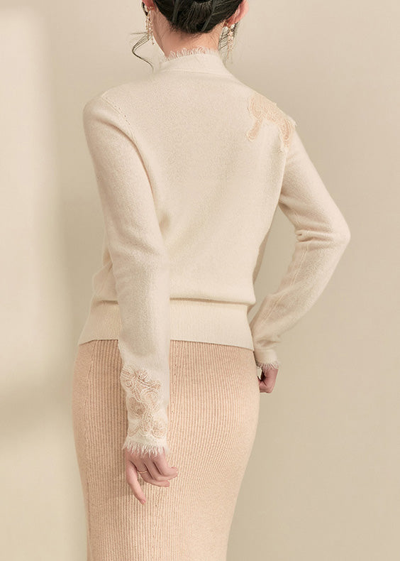 Neue weiße V-Ausschnitt-Strickpullover mit Spitzenquasten und Patchwork-Design für den Winter