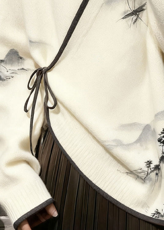 Neuer weißer Strickpullover mit V-Ausschnitt und Schnürung im Frühlingsstil mit Landschaftsmotiv