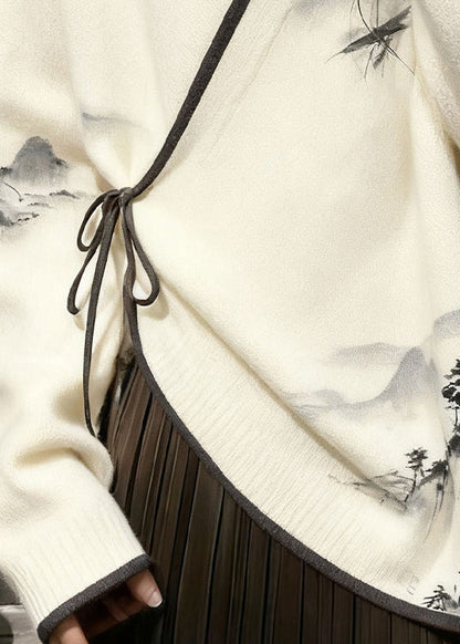 Neuer weißer Strickpullover mit V-Ausschnitt und Schnürung im Frühlingsstil mit Landschaftsmotiv